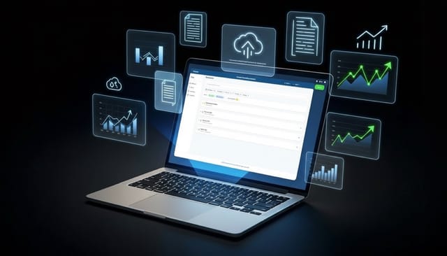 Laptop with accounting software and digital icons for automation and digitization