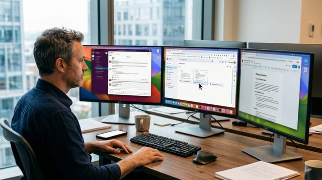 A photorealistic image shows a man in a modern office at a desk with three monitors. He is sitting in an ergonomic chair, looking at the screens while using a keyboard and mouse. Various applications such as Slack and a web browser with a Google Drive interface are visible on the screens. The scene is bright and illuminated by natural daylight from a large window in the background, which offers a view of a city. The colors are natural and warm, and the composition is in landscape format.