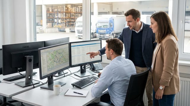 Versandhalle mit Förderbändern und Monitoren zur Logistiksteuerung