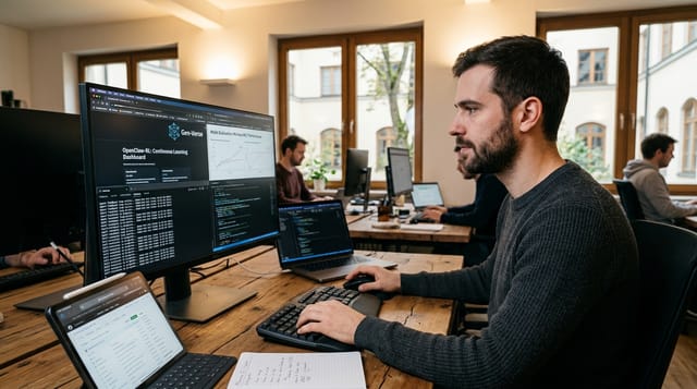A professional, photorealistic shot shows a male AI developer wearing glasses in a modern, light-filled office. He is sitting at a wooden desk, focused on two monitors displaying the user interface of "OpenClaw-RL," a framework for improving AI agents. The main screen shows the dashboard overview of "OpenClaw-RL: Real-Time AI Agent Self-Improvement," featuring graphs, data, and configuration options. His right hand rests on the mouse as he analyzes and adjusts the AI agent's performance and learning behavior. The office environment in the background is slightly blurred (depth of field), directing focus to the developer and the screens. In the background, other workstations, a large window overlooking a cityscape, and a whiteboard with architectural diagrams are visible. The lighting is natural and pleasant. The composition is dynamic, capturing concentration and technological progress. The image radiates a modern, innovative work atmosphere.