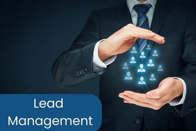 Lead management conceptual image with businessman and customer contact icons