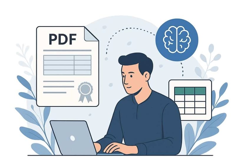 Illustration of a man at a laptop with icons for PDF, AI, and spreadsheets – automated PDF processing